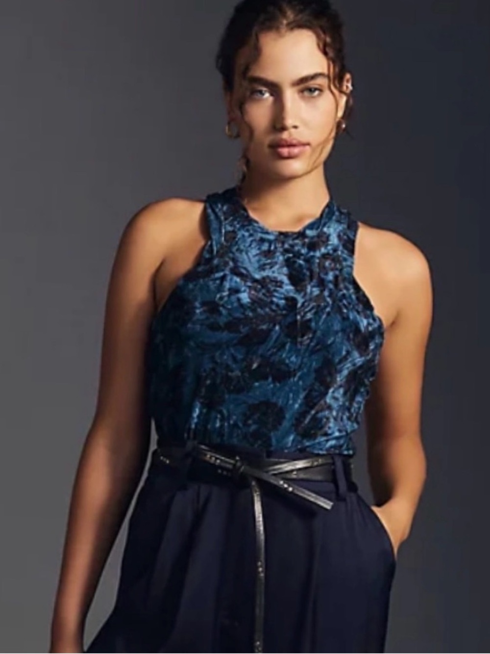 Anthropologie Pilcro Velveteen Racerback Tank Top Blue Motif XL NWT